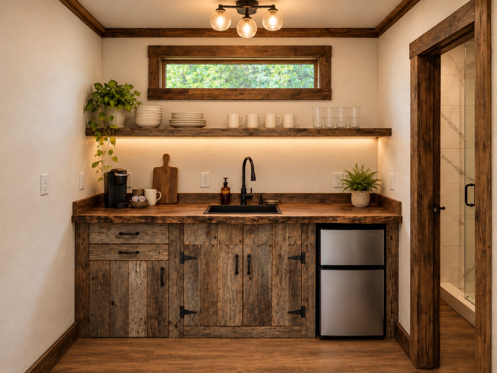 Concept rendering of a suite kitchenette with Keurig and mini fridge