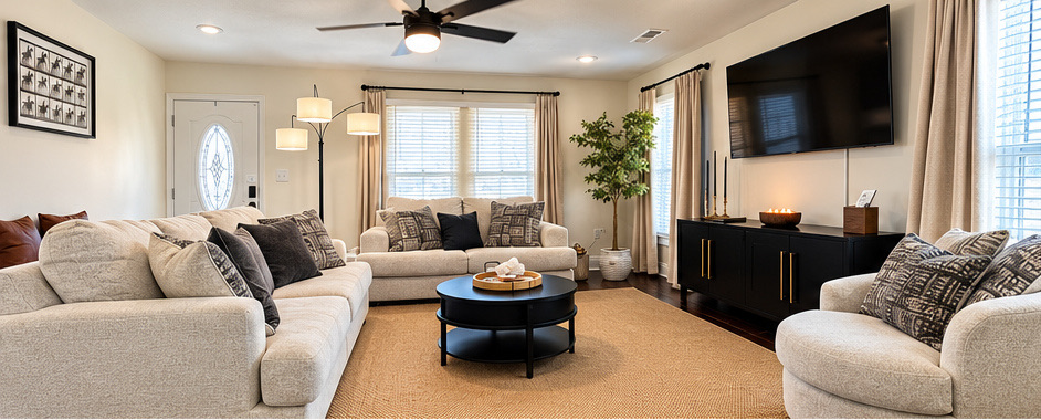 Bright furnished living room in the Williamsburg home